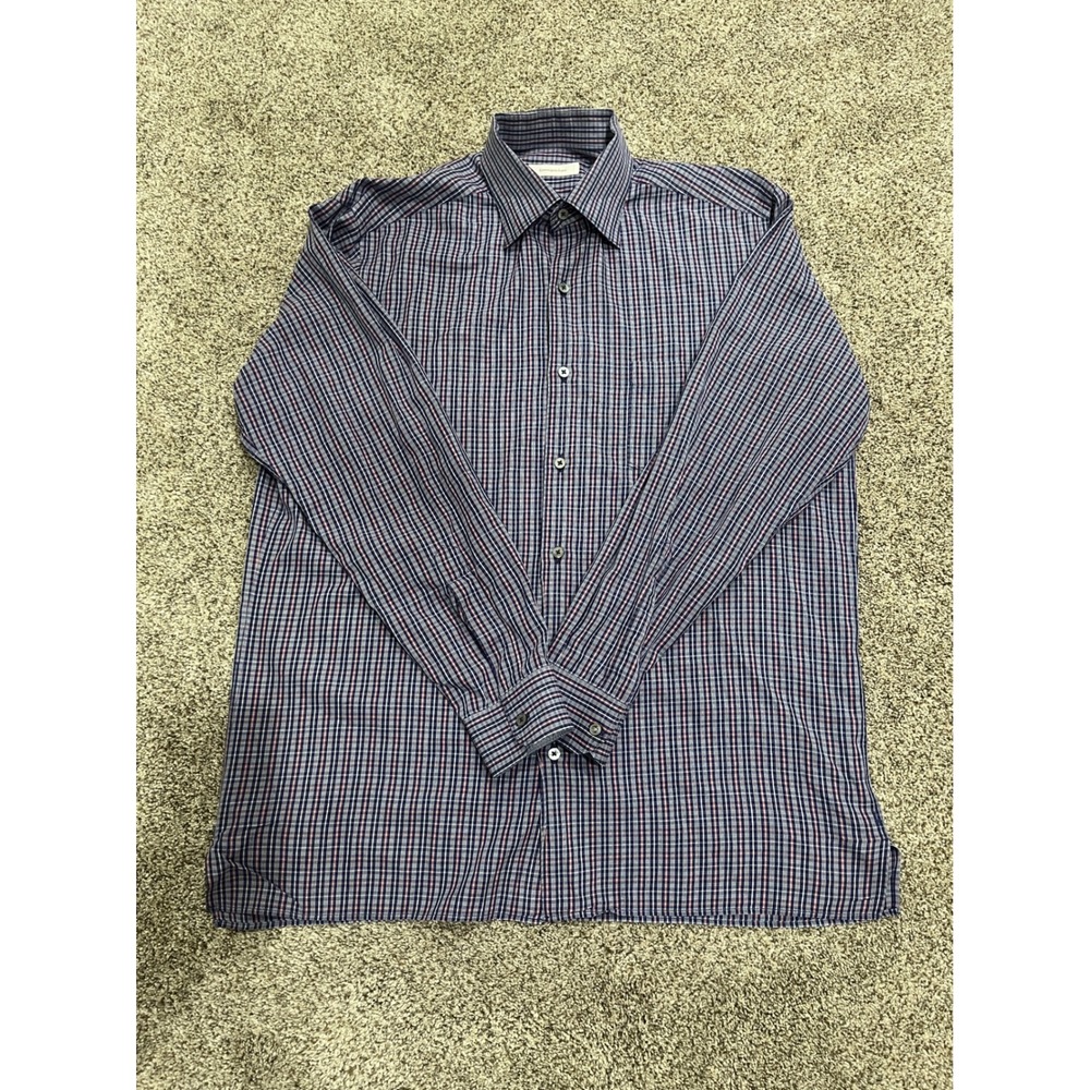 Ermenegildo Zegna Mens‎ XL Plaid Button Down Shirt Navy Blue Pink Cotton Italy